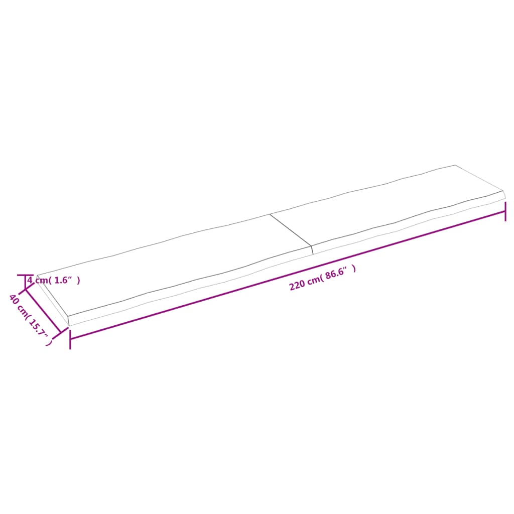 vidaXL Tischplatte 220x40x(2-4) cm Massivholz Unbehandelt Baumkante