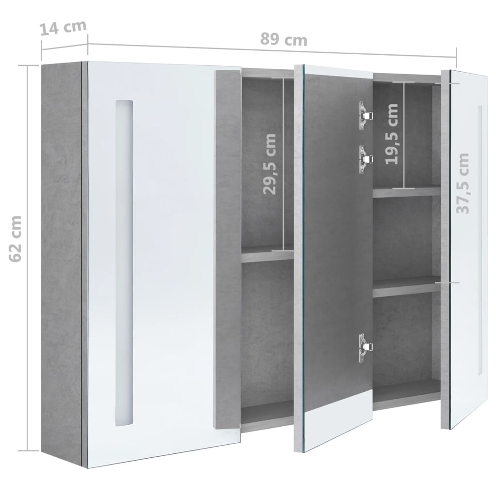 vidaXL LED-Spiegelschrank fürs Bad Betongrau 89x14x62 cm