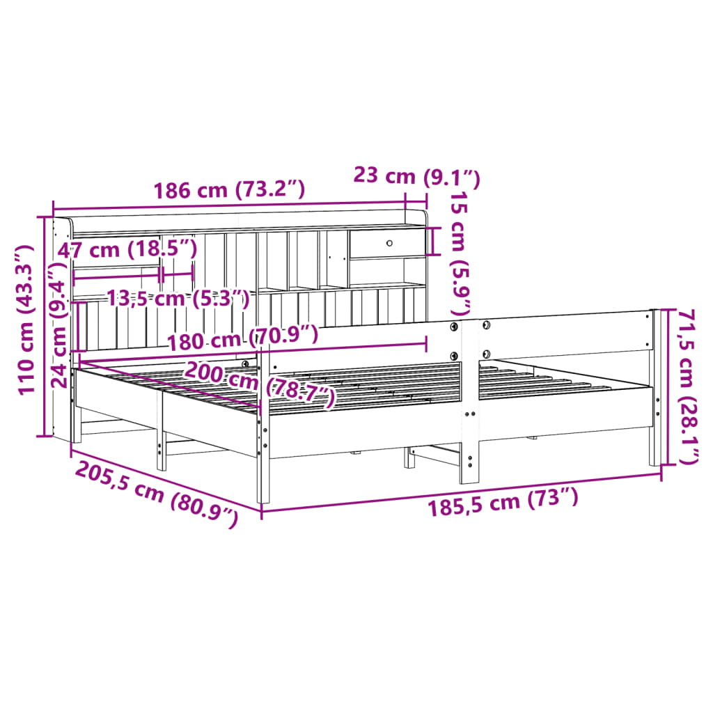 vidaXL Massivholzbett mit Regal ohne Matratze Weiß 180x200 cm Kiefer