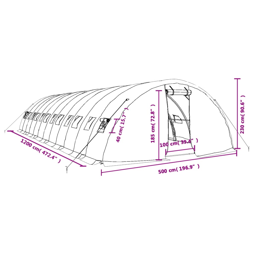 vidaXL Gewächshaus mit Stahlrahmen Grün 60 m² 12x5x2,3 m