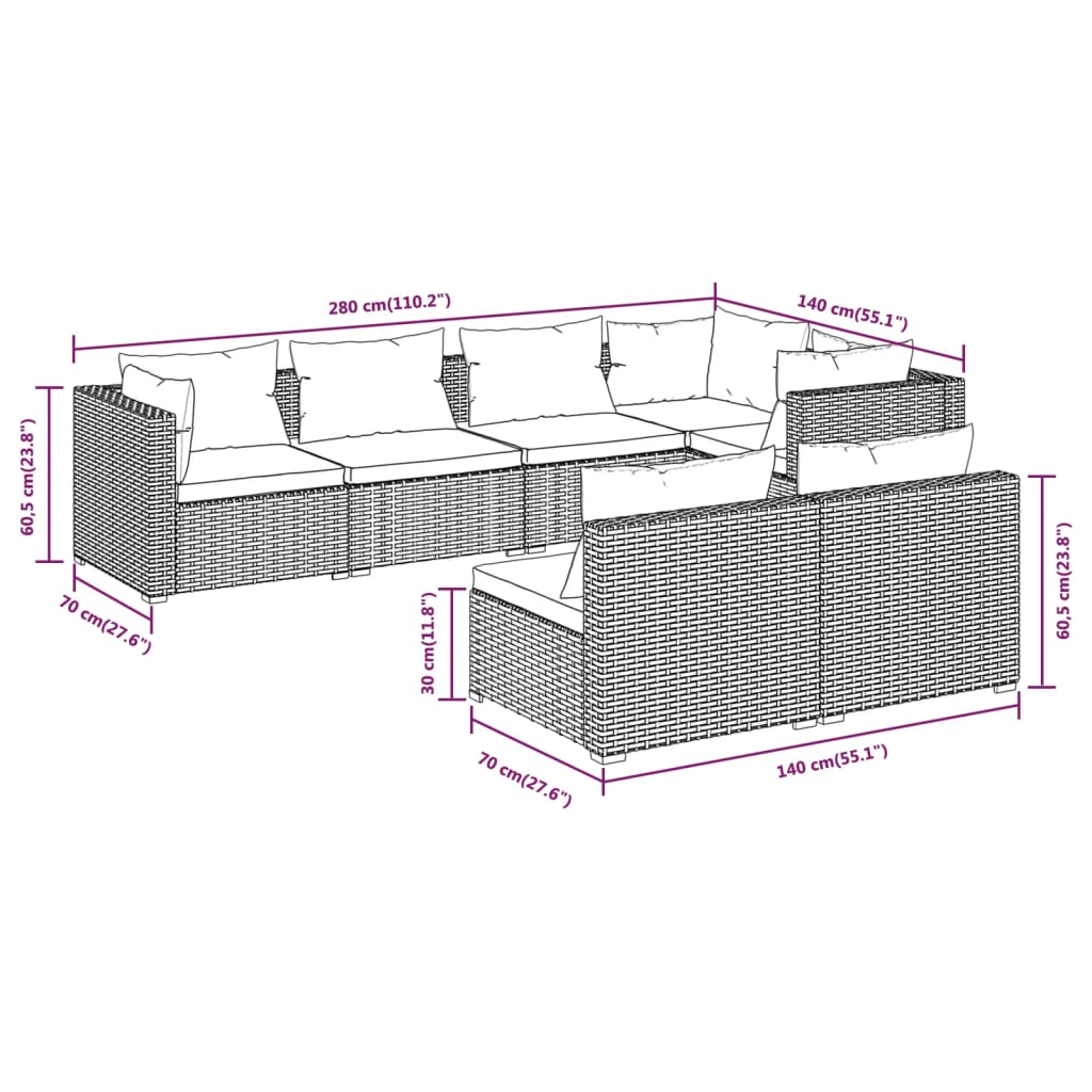 vidaXL 7-tlg. Garten-Lounge-Set mit Kissen Braun Poly Rattan