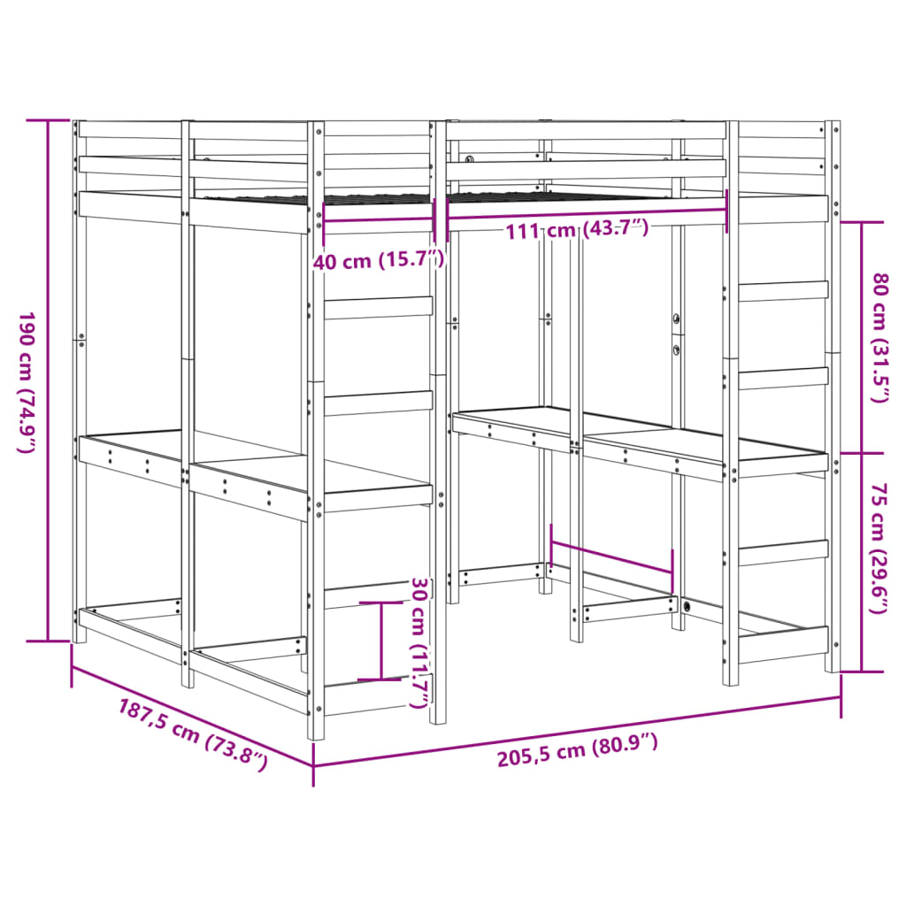 vidaXL Hochbett mit Schreibtisch & Leiter Weiß 180x200 cm Kiefernholz