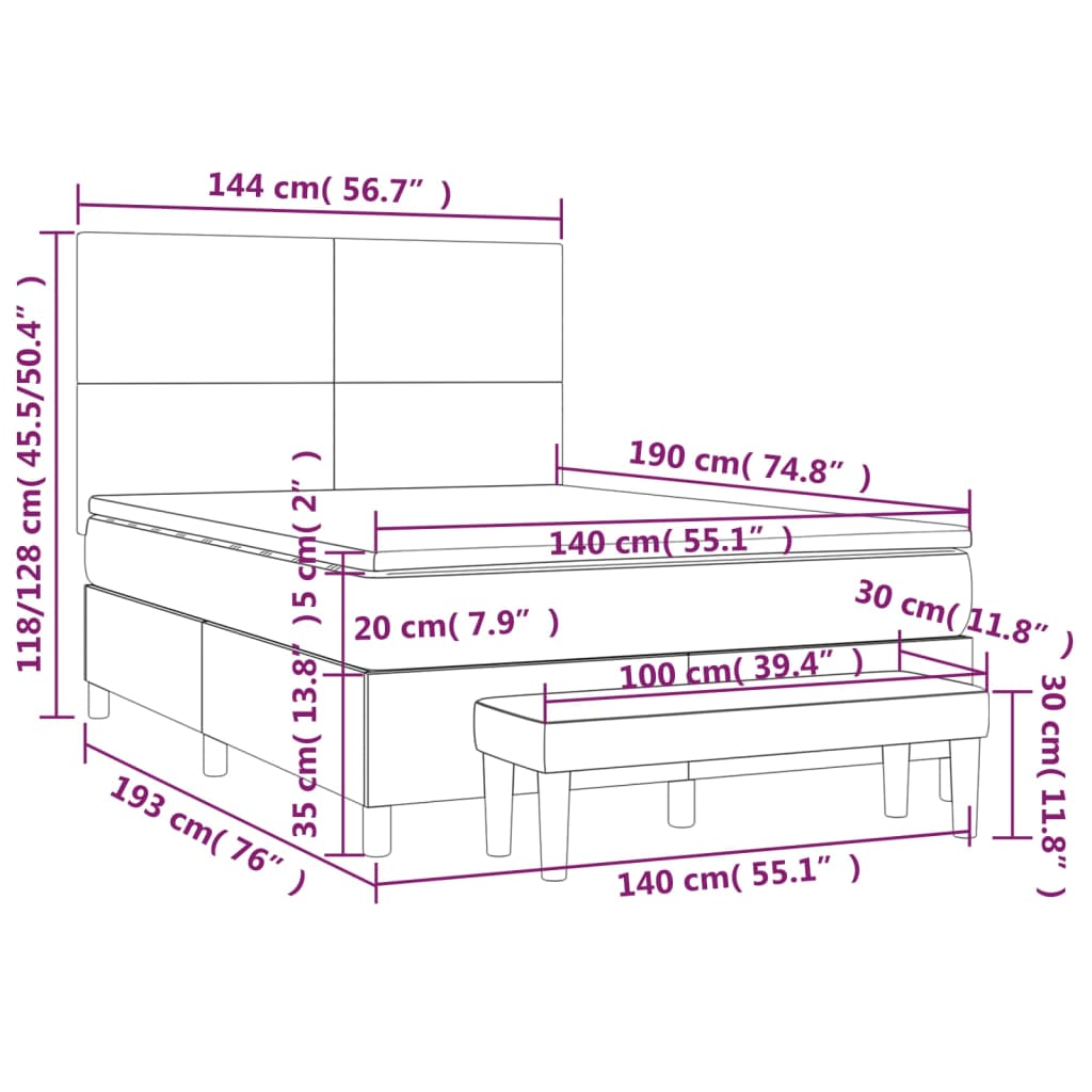 vidaXL Boxspringbett mit Matratze Creme 140x190 cm Stoff