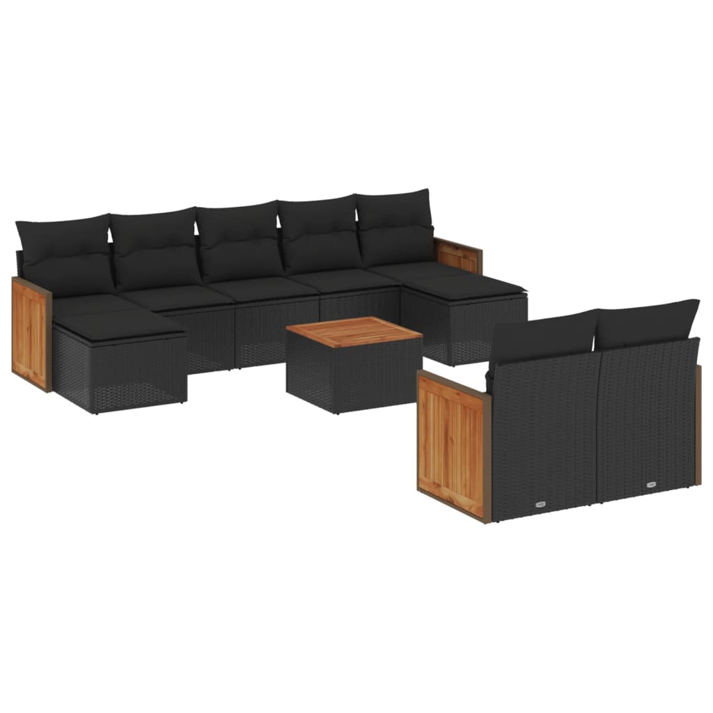 vidaXL 10-tlg. Garten-Sofagarnitur mit Kissen Schwarz Poly Rattan