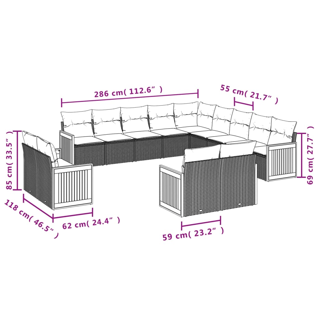 vidaXL 13-tlg. Garten-Sofagarnitur mit Kissen Beige Poly Rattan