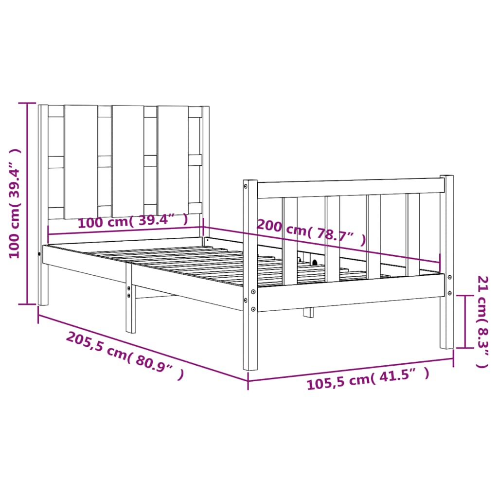 vidaXL Massivholzbett mit Kopfteil Schwarz 100x200 cm