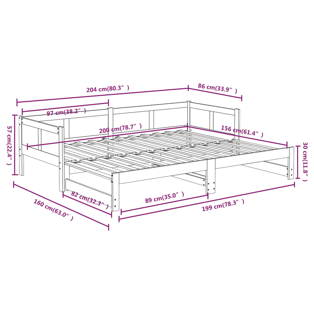 vidaXL Ausziehbares Tagesbett Massivholz Kiefer 2x(80x200) cm