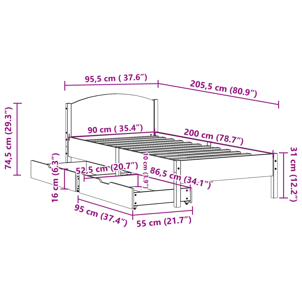 vidaXL Massivholzbett ohne Matratze Weiß 90x200 cm Kiefernholz