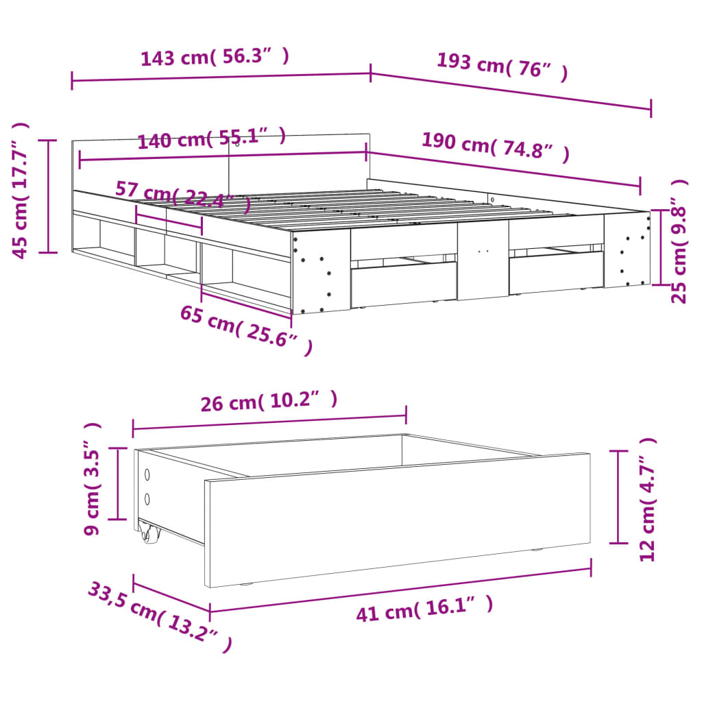 vidaXL Bettgestell mit Schubladen Betongrau 140x190 cm Holzwerkstoff