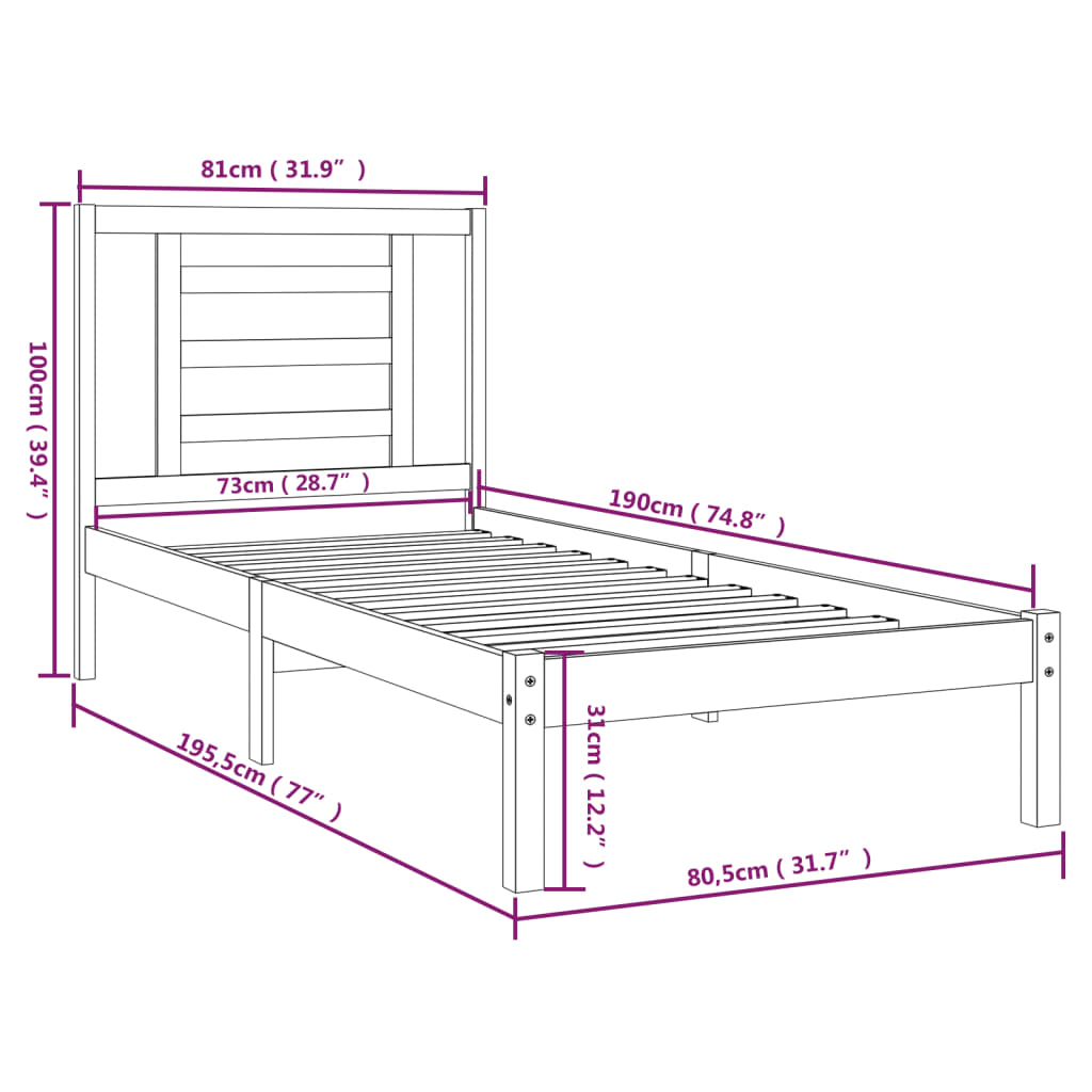 vidaXL Massivholzbett Weiß 75x190 cm