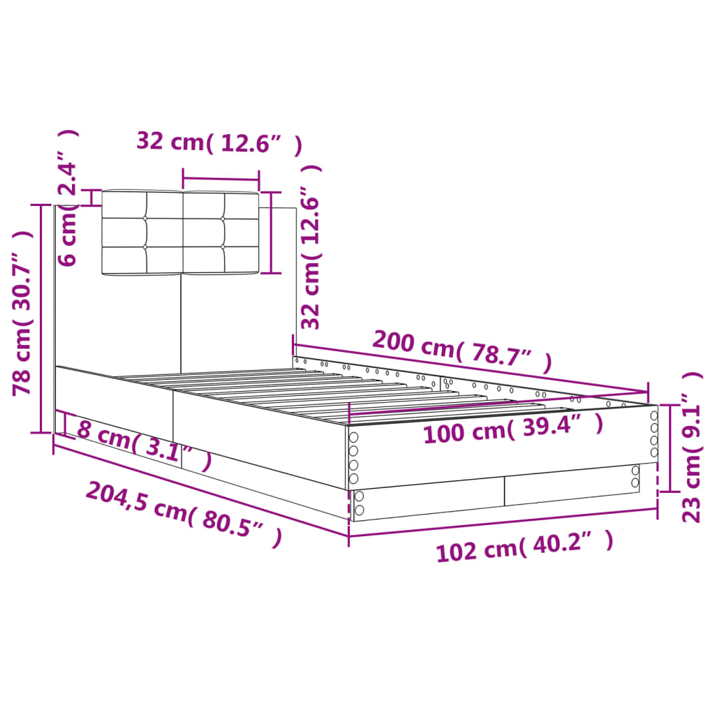 vidaXL Bettgestell mit Kopfteil Braun Eichen-Optik 100x200 cm