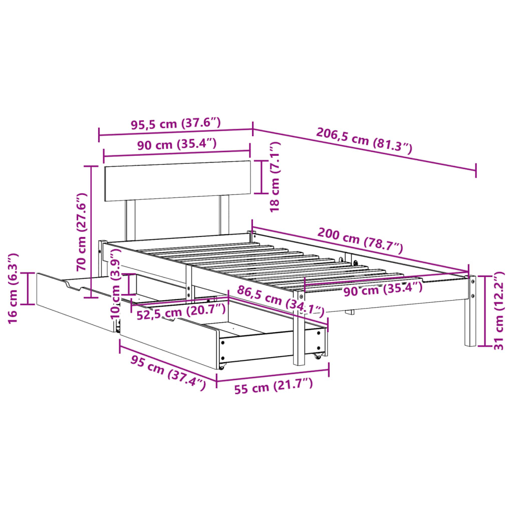 vidaXL Massivholzbett ohne Matratze Weiß 90x200 cm Kiefernholz