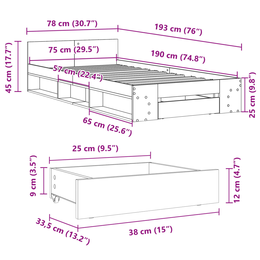 vidaXL Bettgestell mit Schublade Betongrau 75x190 cm Holzwerkstoff