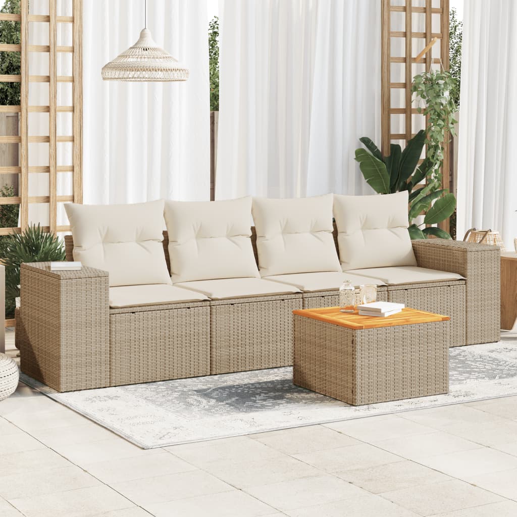 vidaXL 5-tlg. Garten-Sofagarnitur mit Kissen Beige Poly Rattan