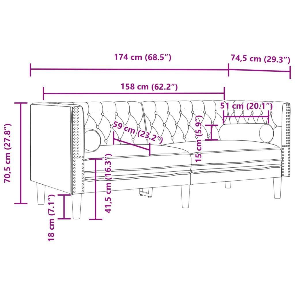 vidaXL 3-tlg. Chesterfield-Sofa-Set mit Nackenrollen Hellgrau Samt