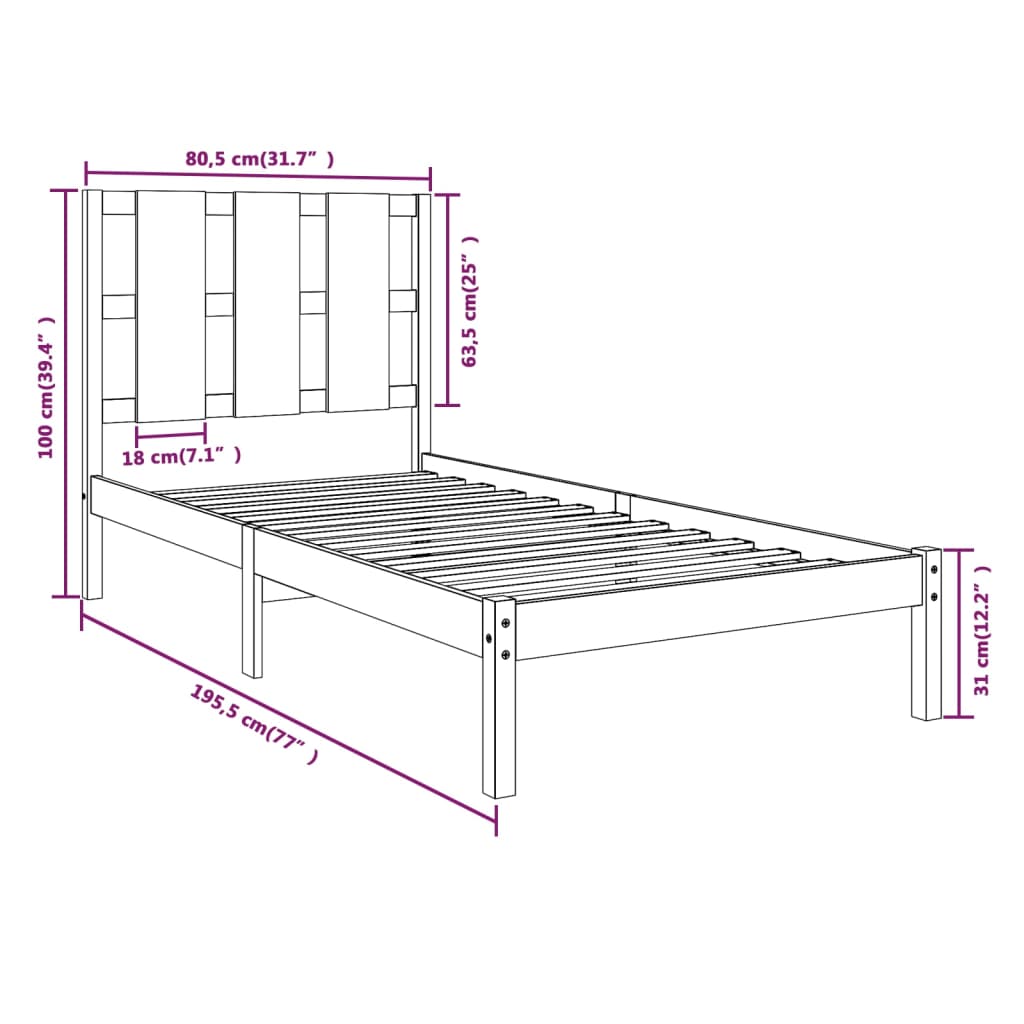 vidaXL Massivholzbett Weiß 75x190 cm