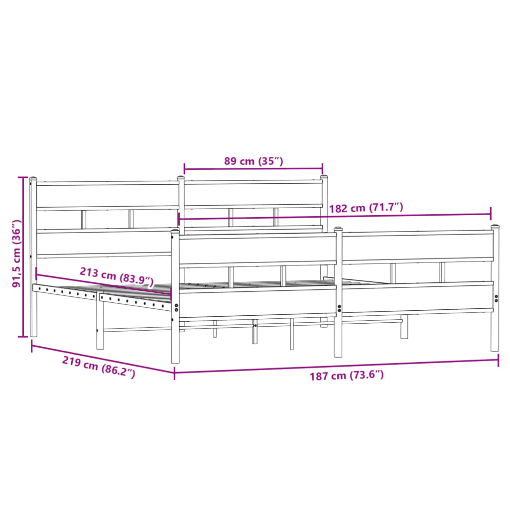 vidaXL Metallbett ohne Matratze Sonoma-Eiche 183x213 cm