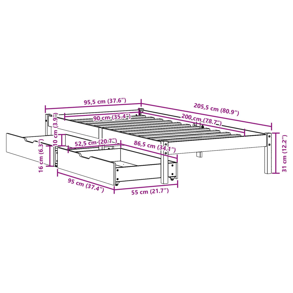 vidaXL Massivholzbett ohne Matratze Weiß 90x200 cm Kiefernholz