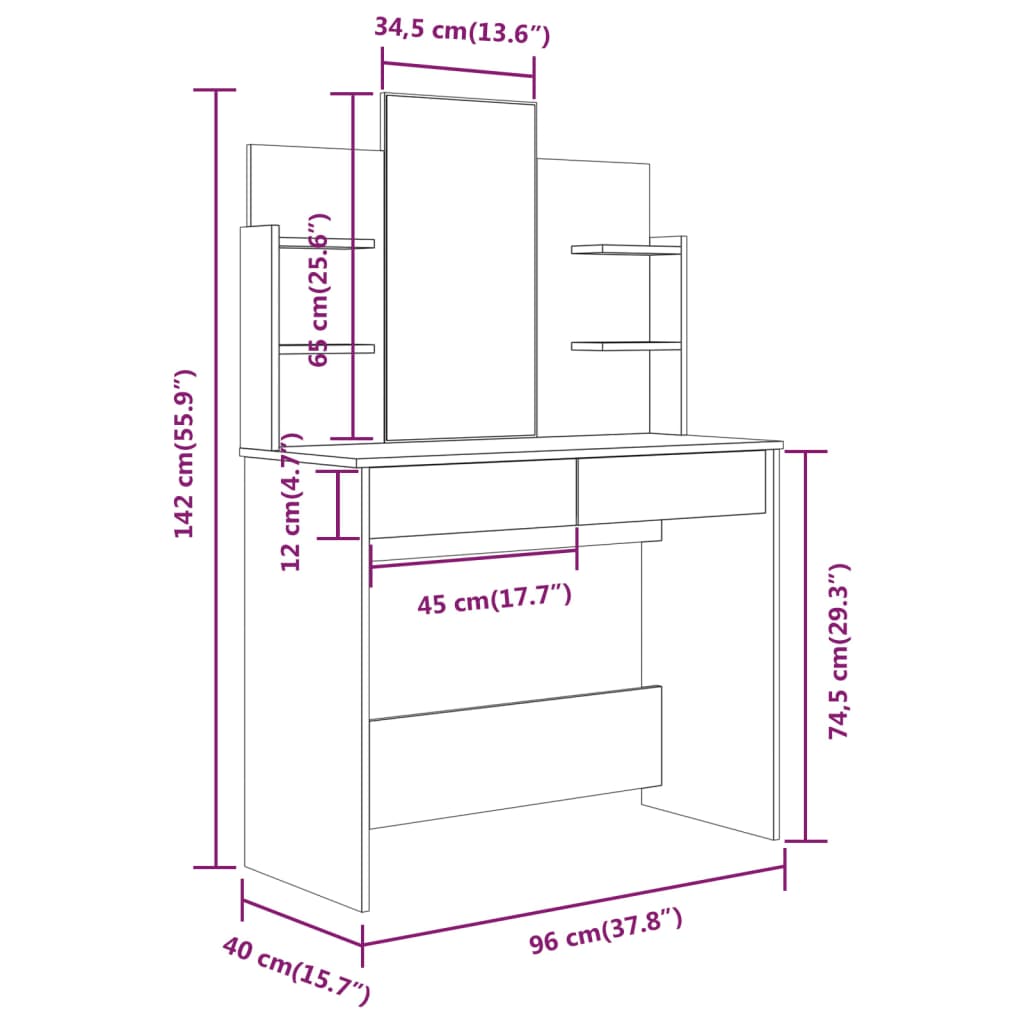 vidaXL Schminktisch mit Spiegel Schwarz 96x40x142 cm