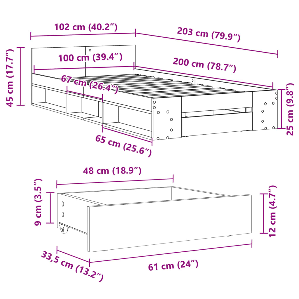 vidaXL Bettgestell mit Schublade Grau Sonoma 100x200 cm Holzwerkstoff