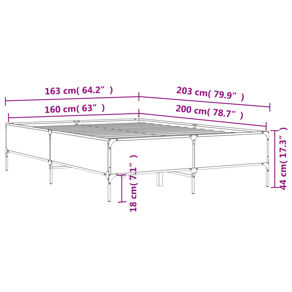 vidaXL Bettgestell Räuchereiche 160x200 cm Holzwerkstoff und Metall