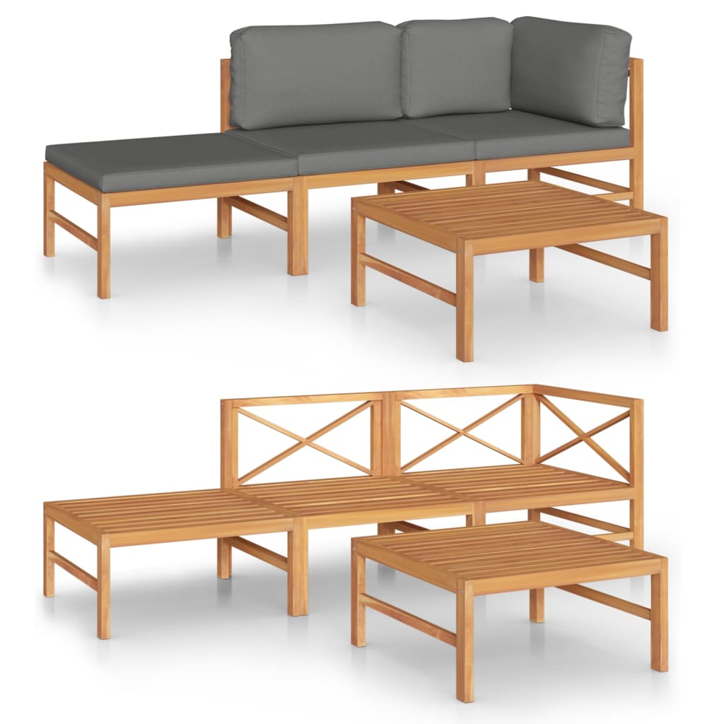 vidaXL 4-tlg. Garten-Lounge-Set mit Grauen Kissen Massivholz Teak