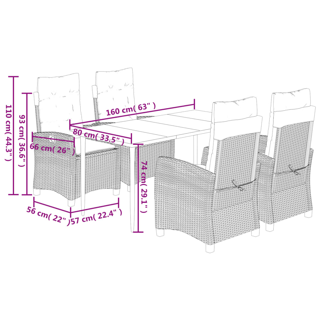 vidaXL 5-tlg. Garten-Essgruppe mit Kissen Braun Poly Rattan