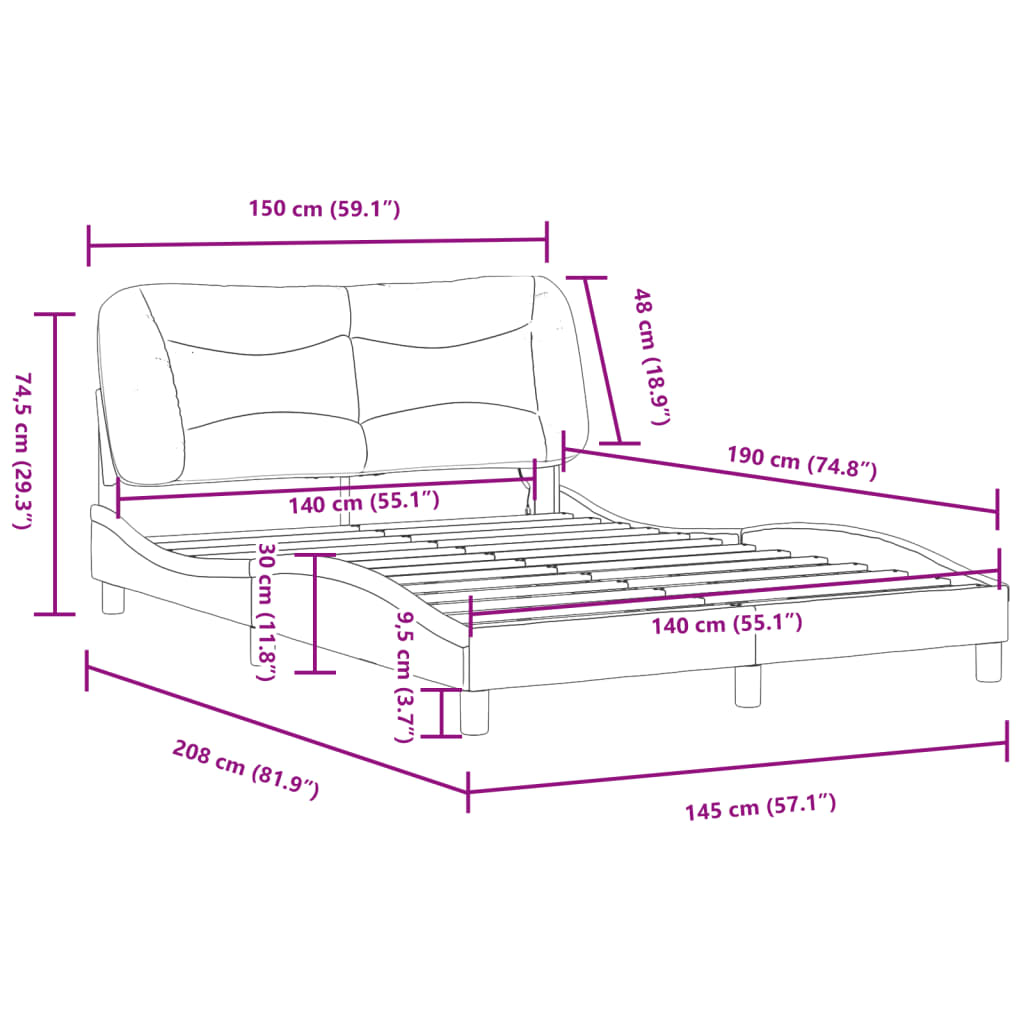 vidaXL Bettgestell mit LED Dunkelgrau 140x190 cm Stoff