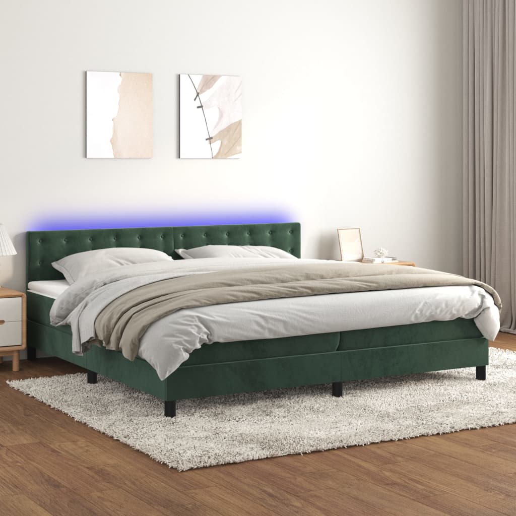 vidaXL Boxspringbett mit Matratze & LED Dunkelgrün 200x200 cm Samt