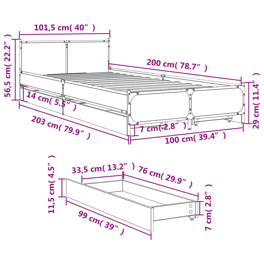 vidaXL Bettgestell mit Schubladen Sonoma-Eiche 100x200cm Holzwerkstoff