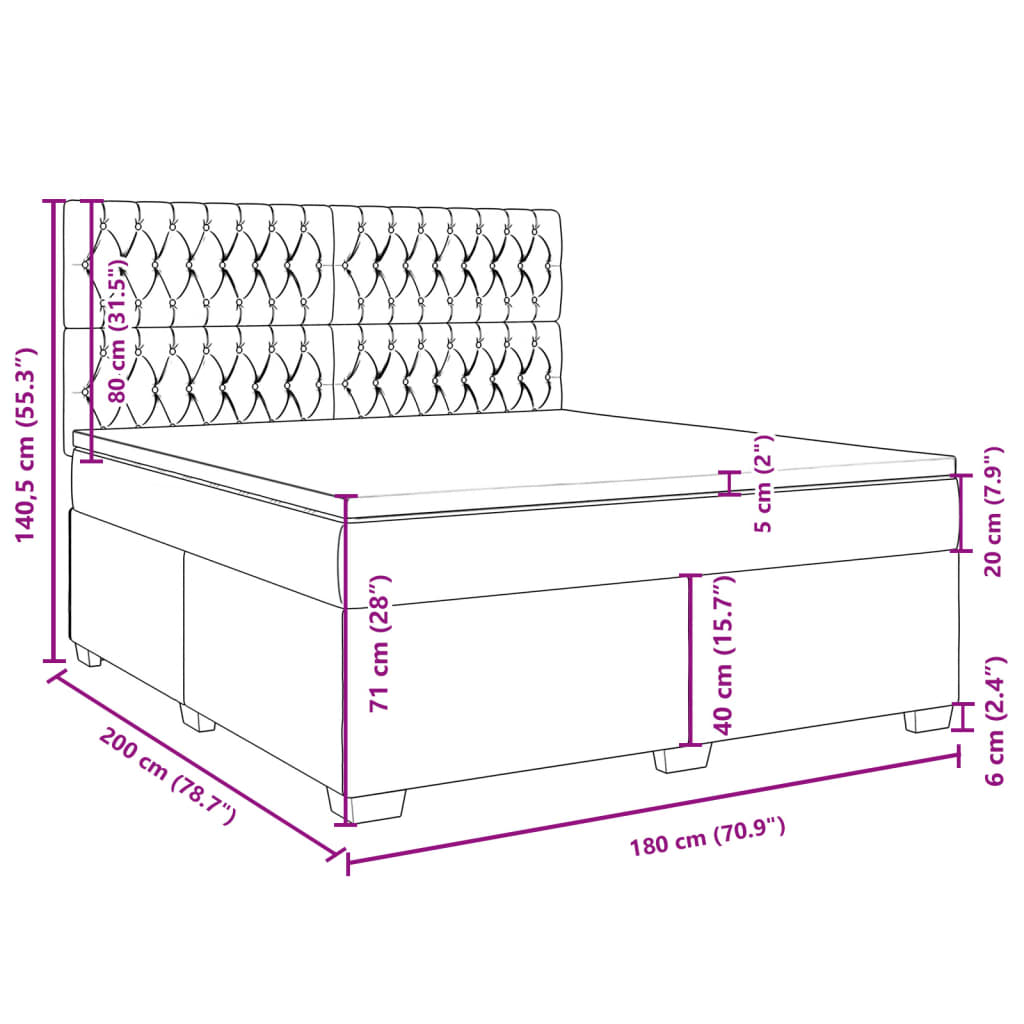 vidaXL Boxspringbett mit Matratze Hellgrau 180x200 cm Samt