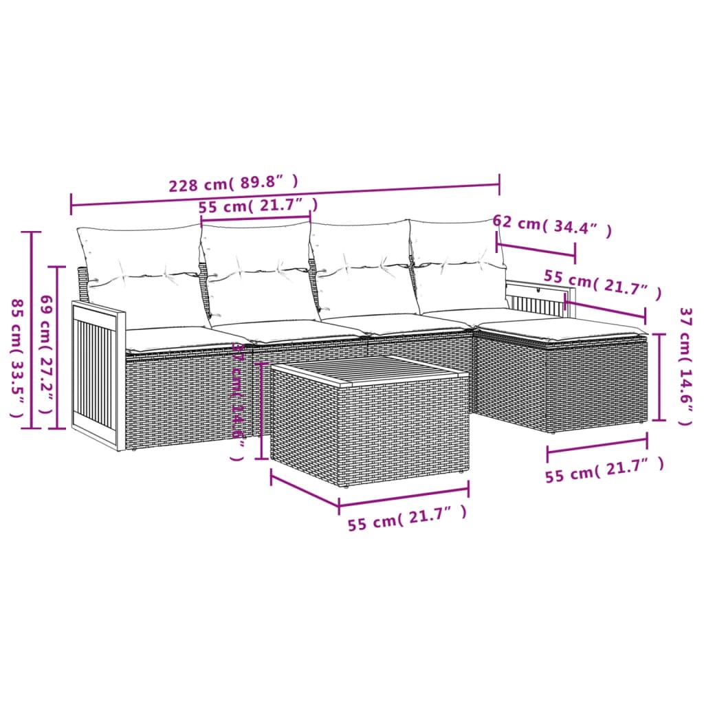 vidaXL 6-tlg. Garten-Sofagarnitur mit Kissen Beige Poly Rattan