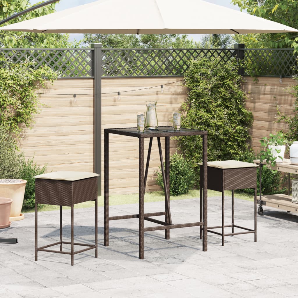 vidaXL 3-tlg. Gartenbar-Set mit Kissen Braun Poly Rattan