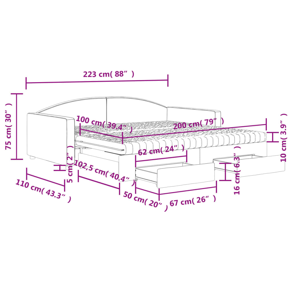 vidaXL Tagesbett Ausziehbar mit Schubladen Creme 100x200 cm Stoff