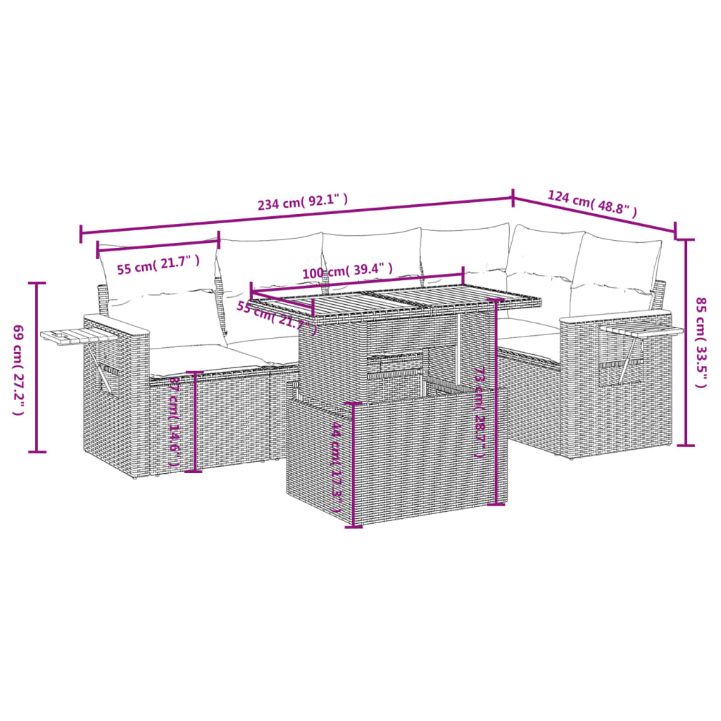 vidaXL 6-tlg. Garten-Sofagarnitur mit Kissen Grau Poly Rattan