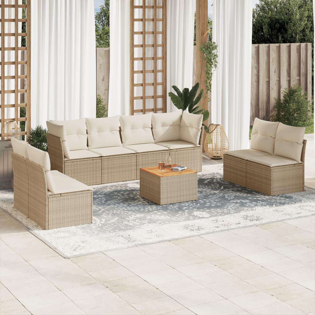 vidaXL 9-tlg. Garten-Sofagarnitur mit Kissen Beige Poly Rattan