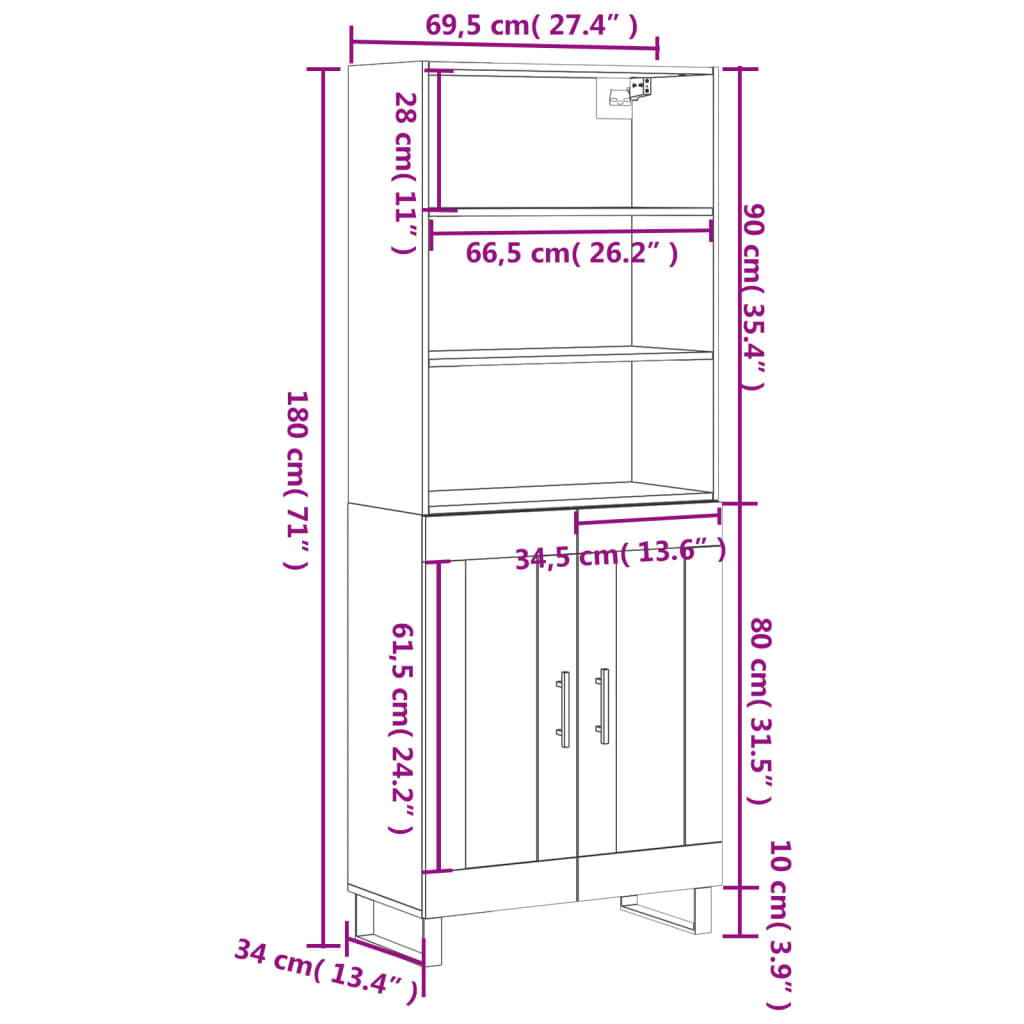 vidaXL Highboard Betongrau 69,5x34x180 cm Holzwerkstoff