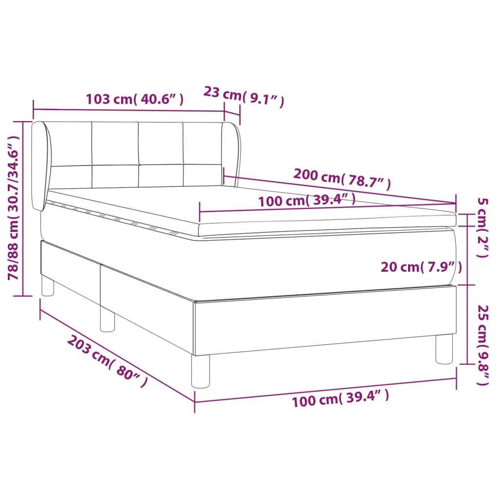 vidaXL Boxspringbett mit Matratze Hellgrau 100x200 cm Samt