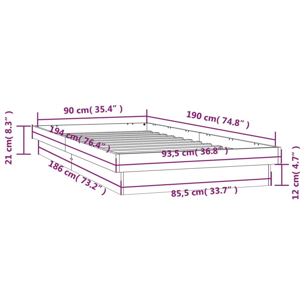 vidaXL Massivholzbett mit LEDs Weiß 90x190 cm