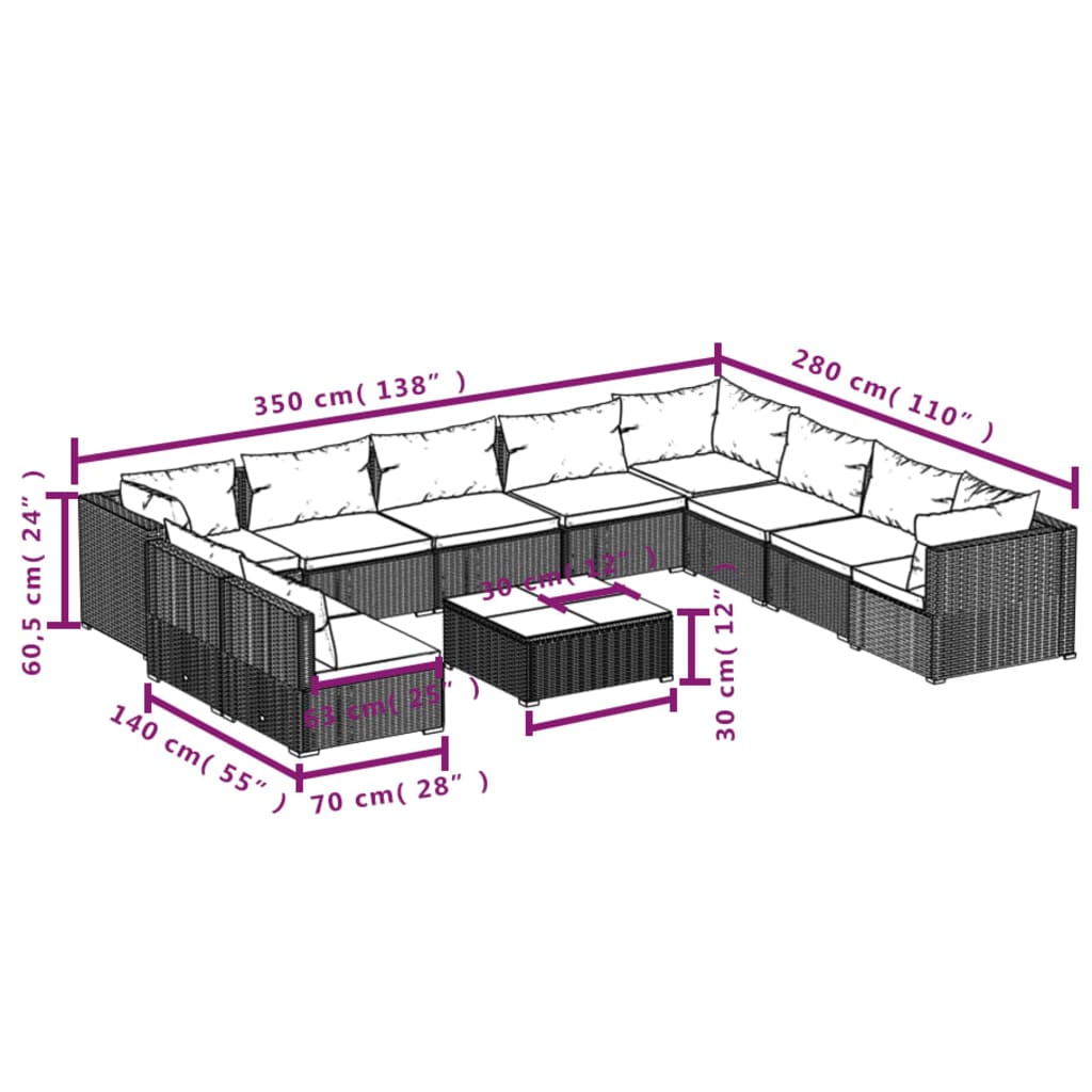 vidaXL 11-tlg. Garten-Lounge-Set mit Kissen Braun Poly Rattan