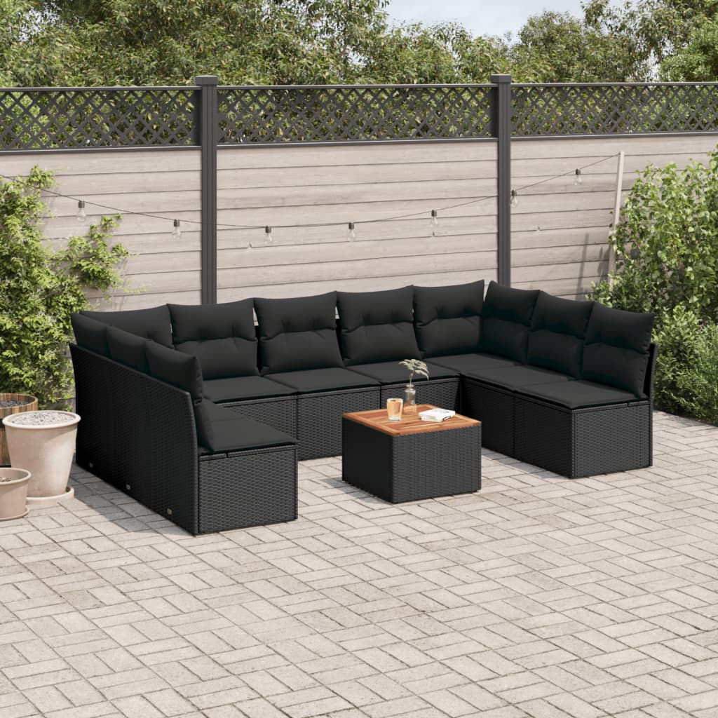 vidaXL 10-tlg. Garten-Sofagarnitur mit Kissen Schwarz Poly Rattan