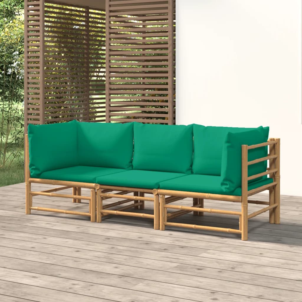 vidaXL 3-tlg. Garten-Lounge-Set mit Grünen Kissen Bambus