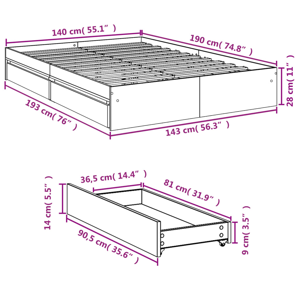 vidaXL Bettgestell mit Schubladen Sonoma-Eiche 140x190cm Holzwerkstoff