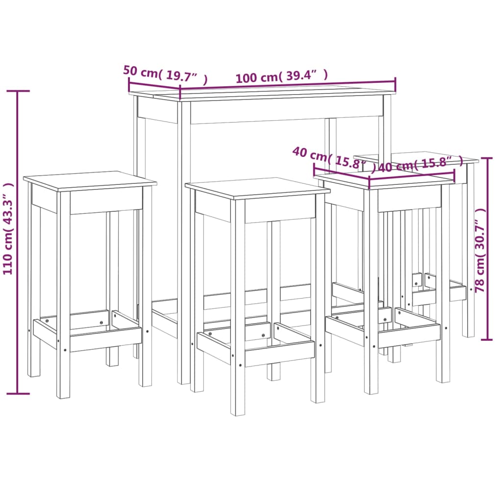 vidaXL 5-tlg. Bar-Set Schwarz Massivholz Kiefer