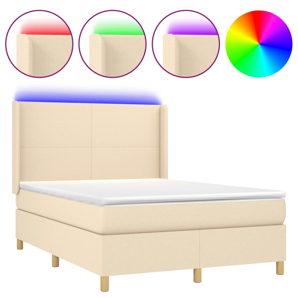 vidaXL Boxspringbett mit Matratze & LED Creme 140x190 cm Stoff