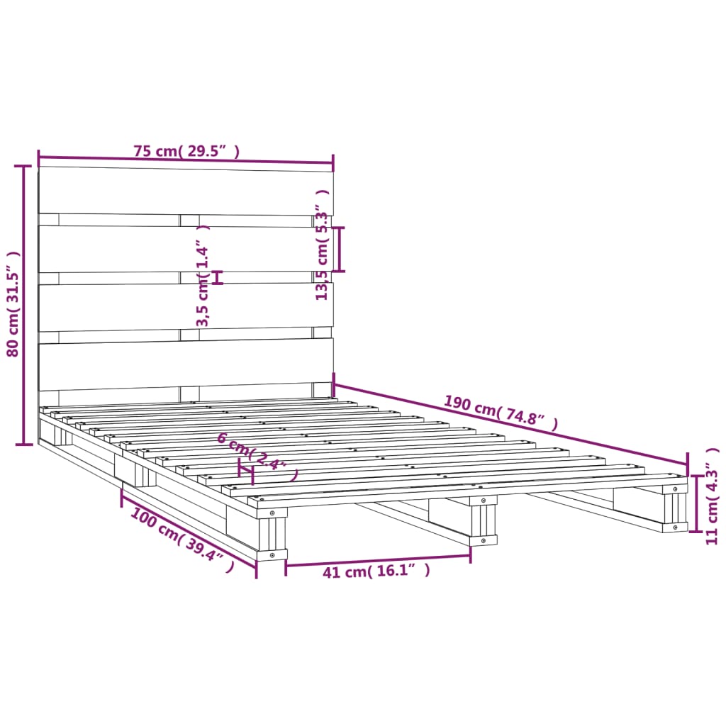 vidaXL Massivholzbett Kiefer 75x190 cm