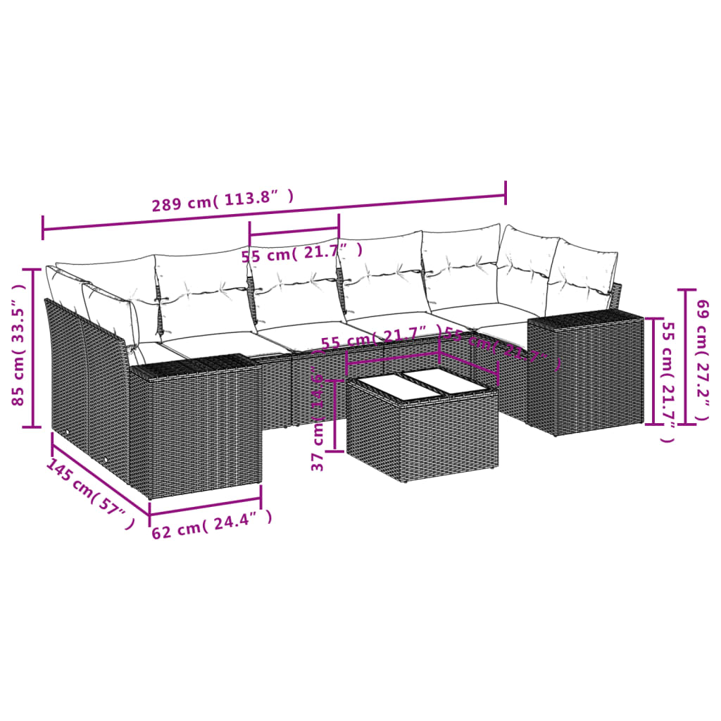 vidaXL 8-tlg. Garten-Sofagarnitur mit Kissen Schwarz Poly Rattan