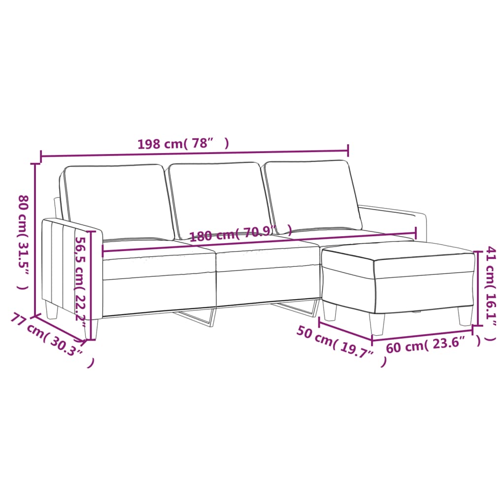 vidaXL 3-Sitzer-Sofa mit Hocker Schwarz 180 cm Stoff