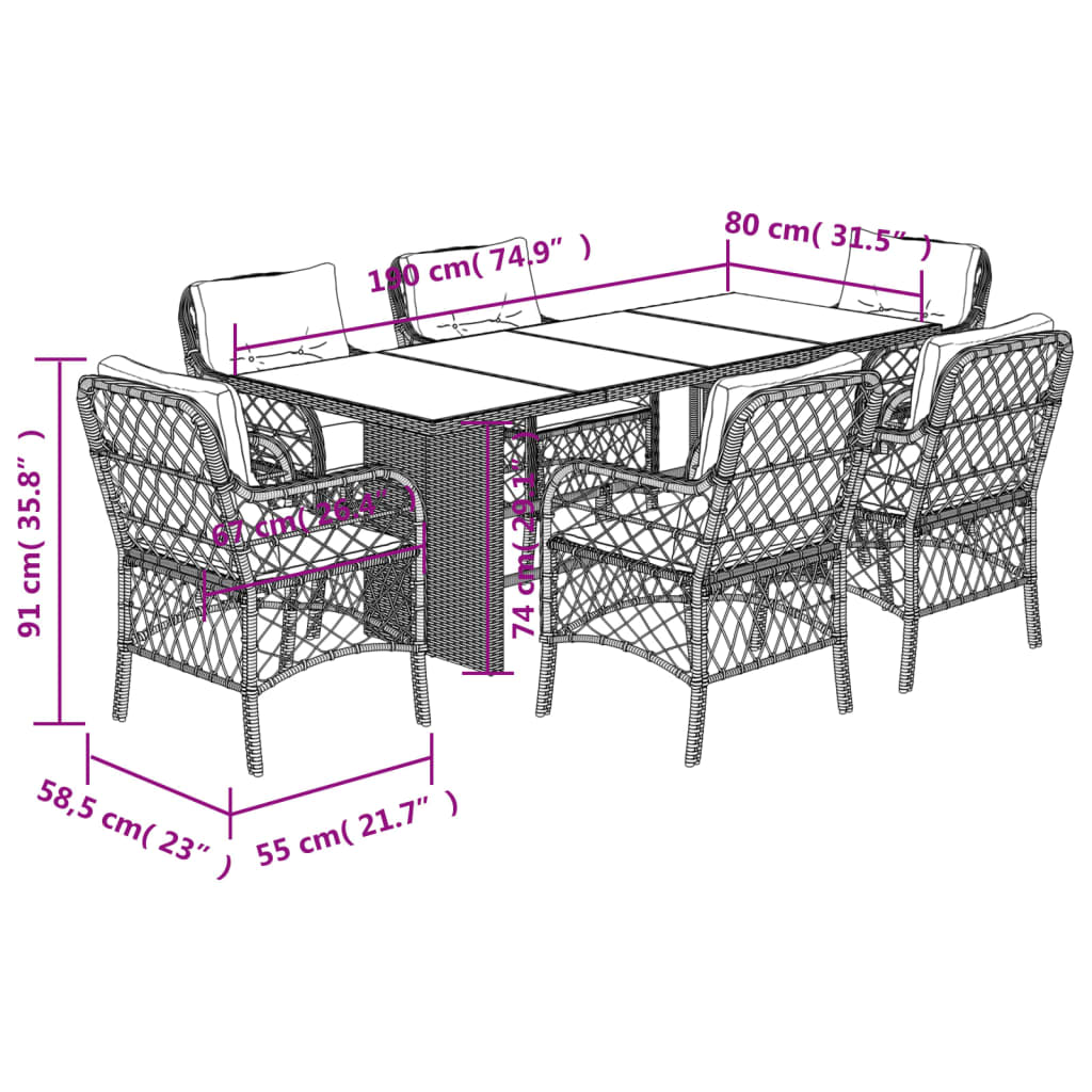 vidaXL 7-tlg. Garten-Essgruppe mit Kissen Braun Poly Rattan