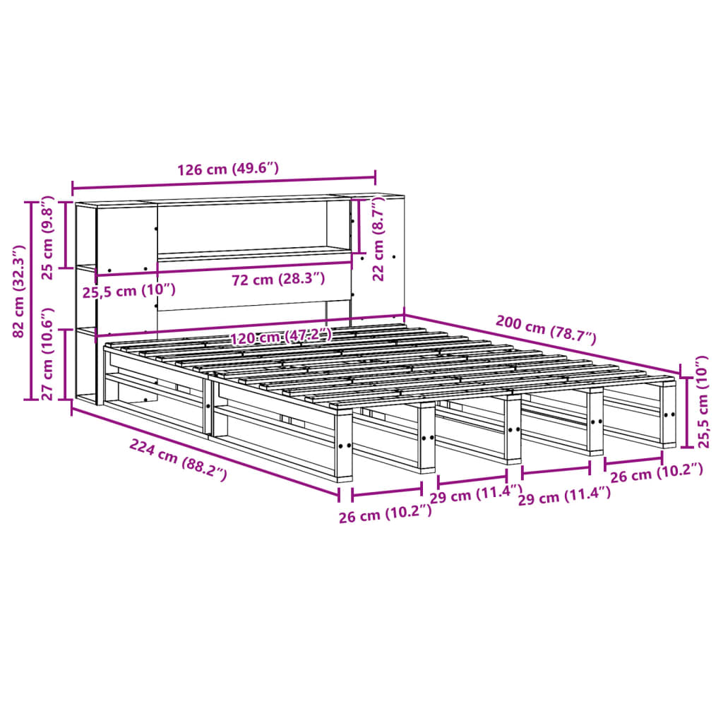 vidaXL Massivholzbett mit Regal ohne Matratze Weiß 120x200 cm